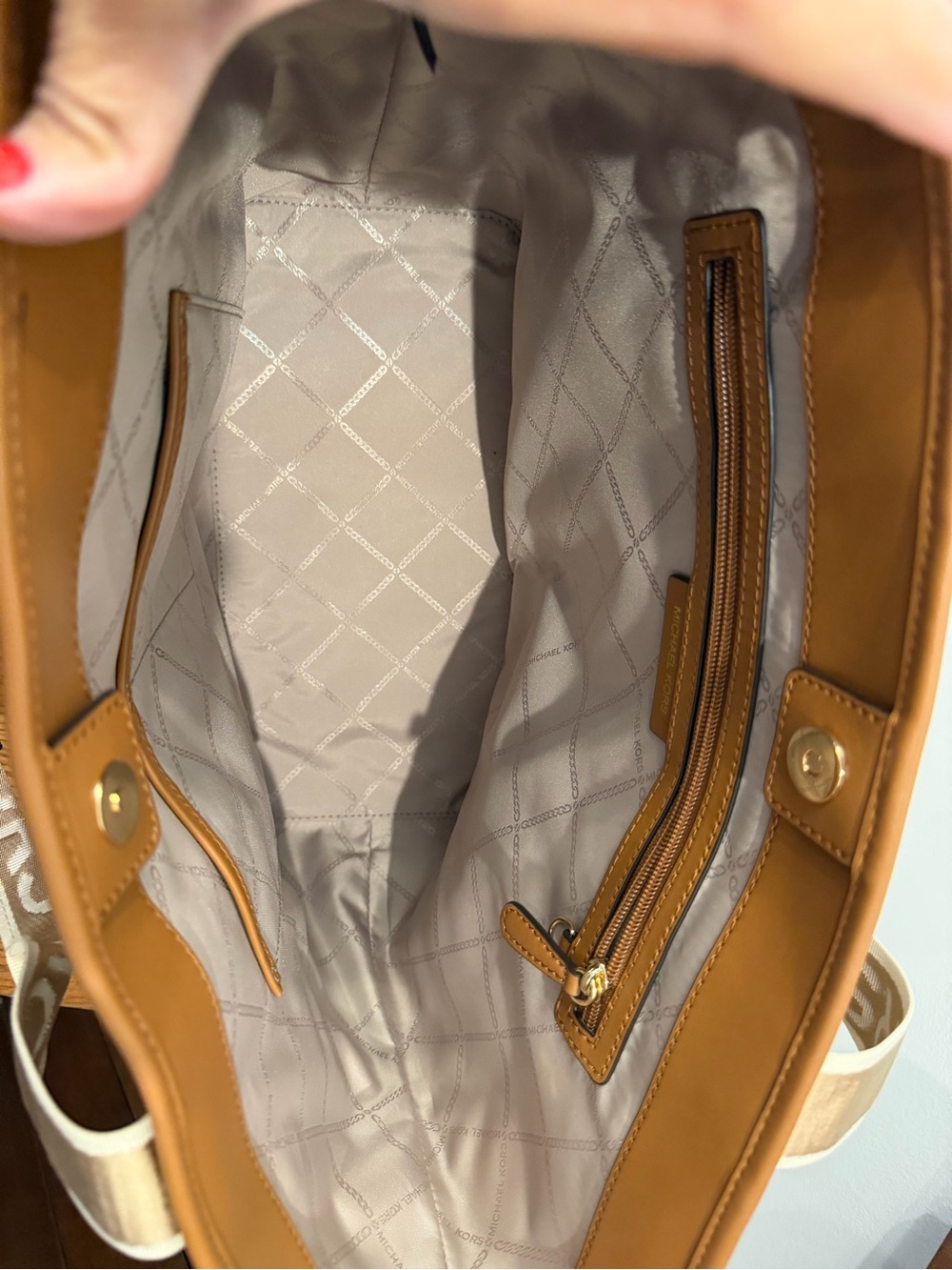 Michael Kors Cream Canvas Tote with Tan Leather Trim - Picture 3 of 5